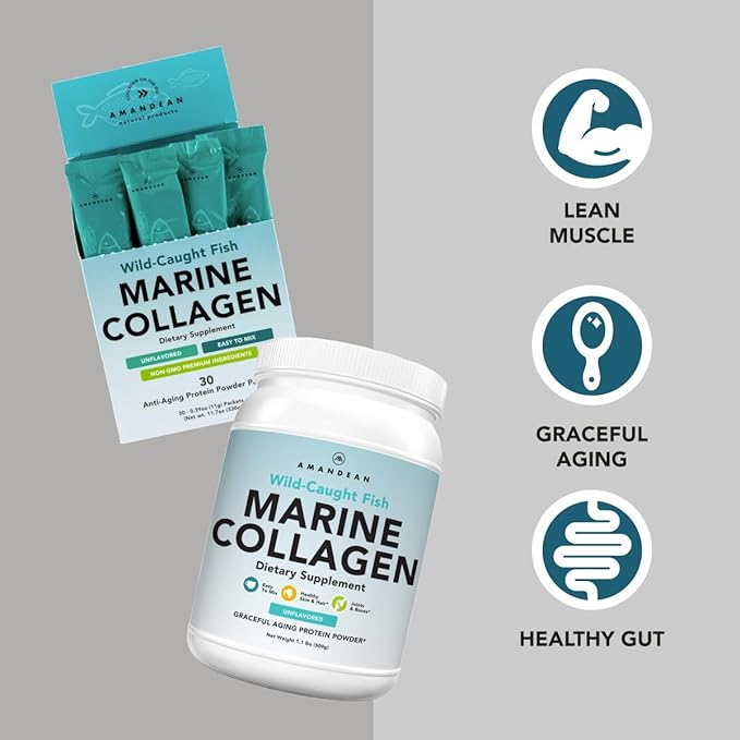 AMANDEAN Marine Collagen Duo. 500g Container + 30 Travel Packs. Hydrolyzed Fish Collagen Peptides for Skin Hair &amp Nails. Pescatarian Keto &amp Paleo-Friendly Unflavored