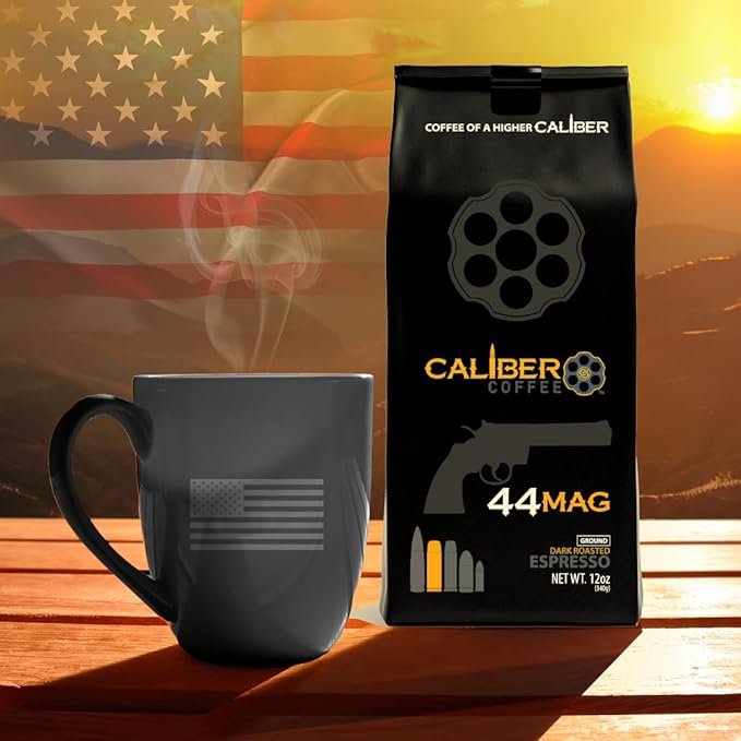Caliber Coffee .44 Mag Ground Espresso Roast – Bold Smooth Rich Crema Flavors – 100% Artisan Roasted Arabica Coffee – Small-Batch Hand-Crafted – Veteran Owned – 12oz Bag