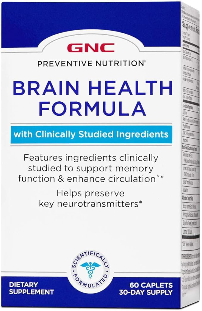GNC Preventive Nutrition Brain Health Formula 60 Caplets Supports Memory Function and Enhances Circulation