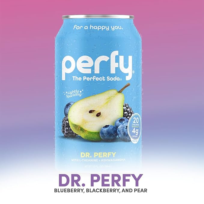 PERFY Caffeine Free Dr. Perfy Soda | Made With Real Fruit Juice - Low Sugar Nootropic Drink with L-Theanine + Ashwagandha | Calming Adaptogen Mocktail | Keto + GLP-1 Friendly | Sweetened with Stevia &