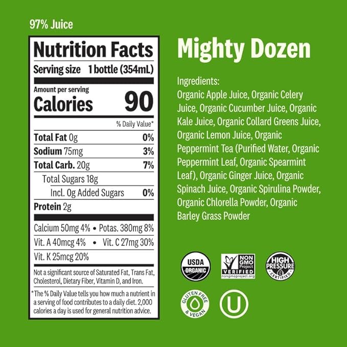 Suja Organic Green Juice Variety Pack | 6 Mighty Dozen and 6 Uber Greens | Plant-Based &amp Gluten-Free (12 fl oz Pack of 12 total)