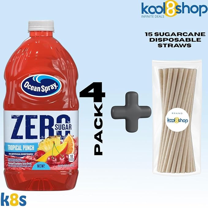 Ocean Spray Zero Sugar Tropical Punch Fruit Juice Drink 64 fl oz 4 Pack + 15 Sugarcane Disposable Straws by KOOL8SHOP Infinite Deals