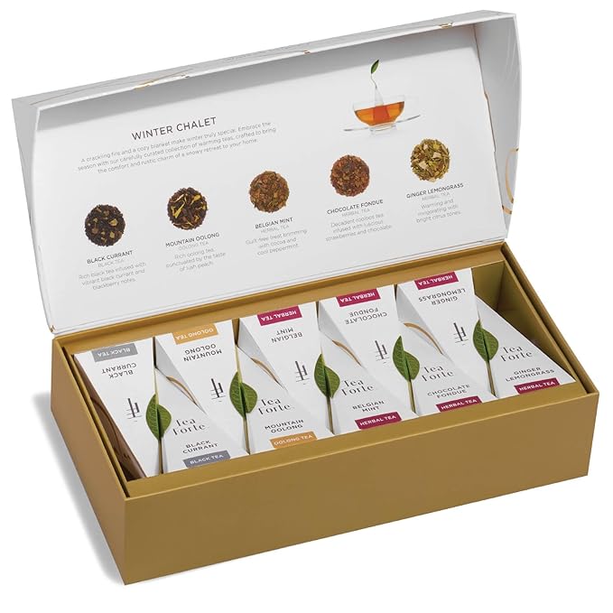 Tea Forte Premium Petite Presentation Box Gift Set Sampler 10 Count 2 of Each Blend Individually Wrapped Handcrafted Pyramid Infuser Bags Winter Chalet