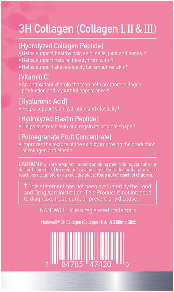 NANOWELL 3H Collagen Peptide 60 Sticks X 3 Boxes for 3 Months - I II &amp III with Vitamin AC E Hydrolyzed Elastin Peptide and Hyaluronic Acid - Hair Nail Skin and Joint Support (180 Count)
