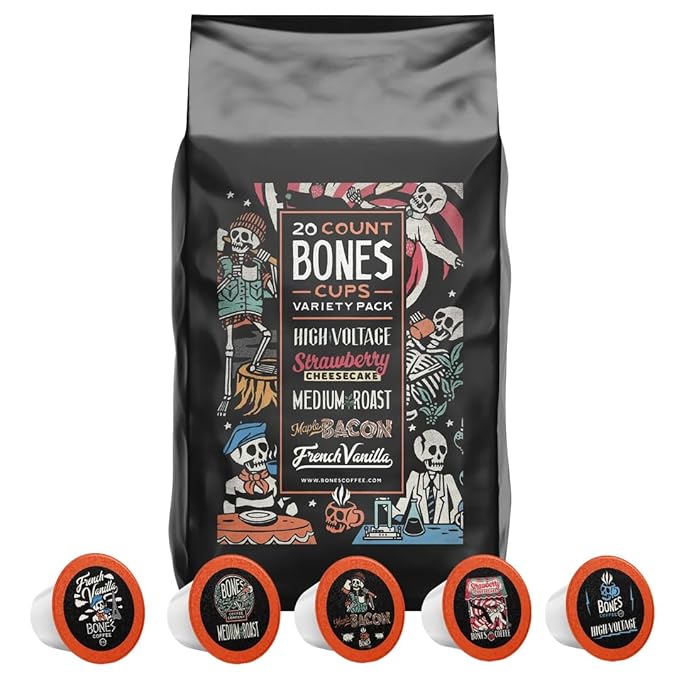Bones Coffee Company Variety Flavored Coffee Pods French Vanilla Maple Bacon Strawberry Cheesecake Medium Roast High Voltage Bones Cups Compatible with 1.0 &amp 2.0 K-Cups Brewers 20 Count
