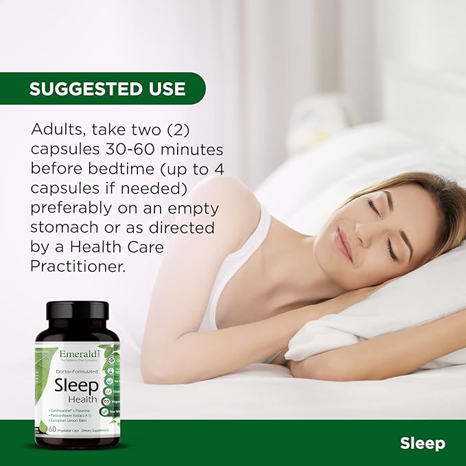 Emerald Labs Sleep Health - Sleep Support Supplement with Suntheanine L-Theanine Melatonin European Lemon Balm &amp Passionflower - Gluten Free Vegan - 60 Vegetable Capsules (Up to 30-Day Supply)