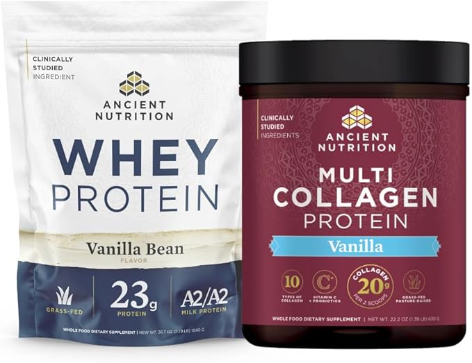 Ancient Nutrition Grass-fed Whey Protein Powder Vanilla Bean 35 Servings + Multi Collagen Protein Peptides Powder Vanilla 60 Servings