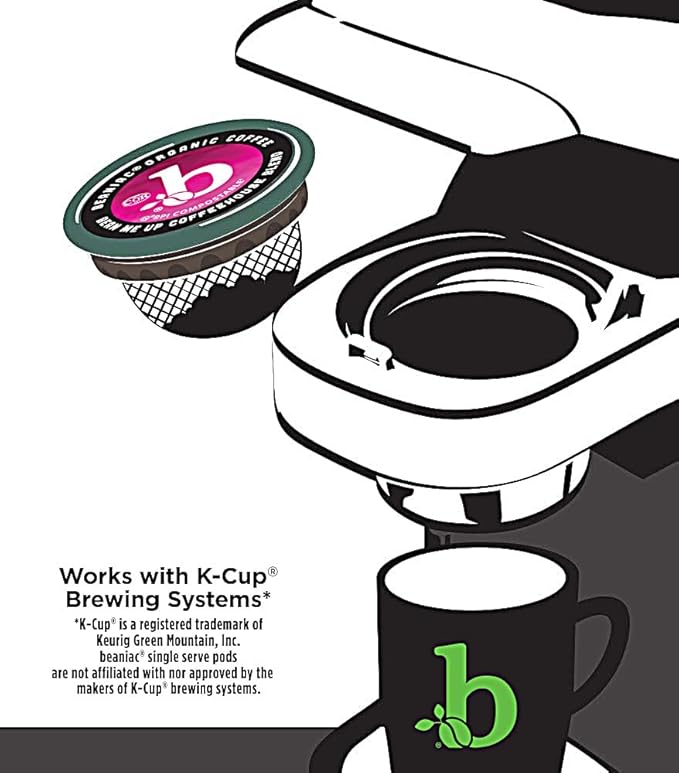 beaniac Organic Bean Me Up Coffeehouse Blend Medium Roast Single Serve Compostable K Cup Coffee Pods Organic Arabica Coffee Keurig Brewer Compatible 72 Count