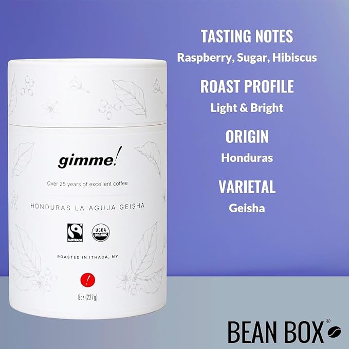 Honduras La Aguja Geisha - Certified Fairtrade Organic - Roasted by Gimme! Coffee - Whole Bean Coffee - 8 Ounce Bag