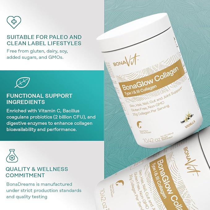 Collagen Peptides - Type I &amp III - Premium Hydrolyzed Collagen Powder - with Digestive Enzymes &amp Probiotics - High Dosis of Collagen &amp Protein - 14 Servings - BonaGlow Vanilla