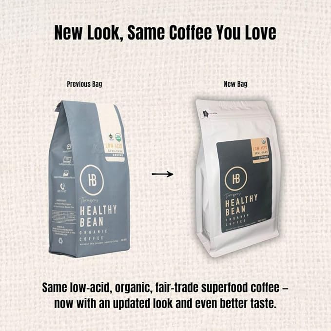 Healthy Bean Organic Low Acid Coffee Ground - USDA Organic Mold-Free Superfood Infused Clean and Healthy - Low Acid for Sensitive Stomachs - Semi-Dark Roast Ground Coffee 10oz (1-Pack)