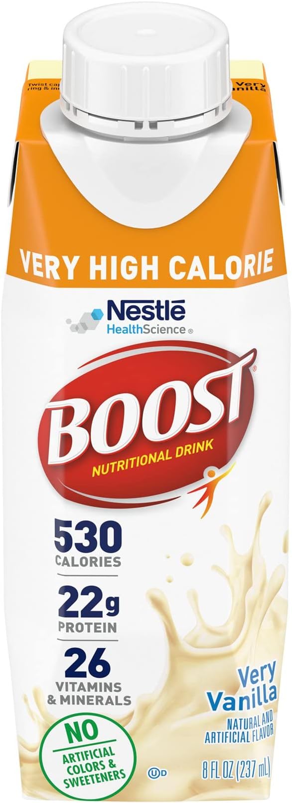 Boost Very High Calorie Strawberry and Vanilla Nutritional Drinks with 22g Protein 530 Calories 8 Fl Oz (Packs of 24)