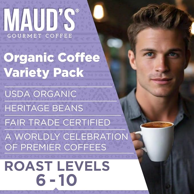 Maud's Organic Coffee Pods Variety Pack 56 ct 8 Assorted Flavors Single Serve Pods – 100% Arabica Coffee Compatible with Keurig K Cups Maker