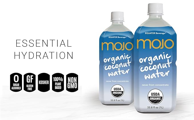 MOJO Organic Coconut Water | Hydration Drink &amp Sports Drink | Electrolytes Beverage 1043 mg | Vitamin B &amp C | Hydration Drink for Skin &amp Body | 33.8 Oz (Pack Of 6)