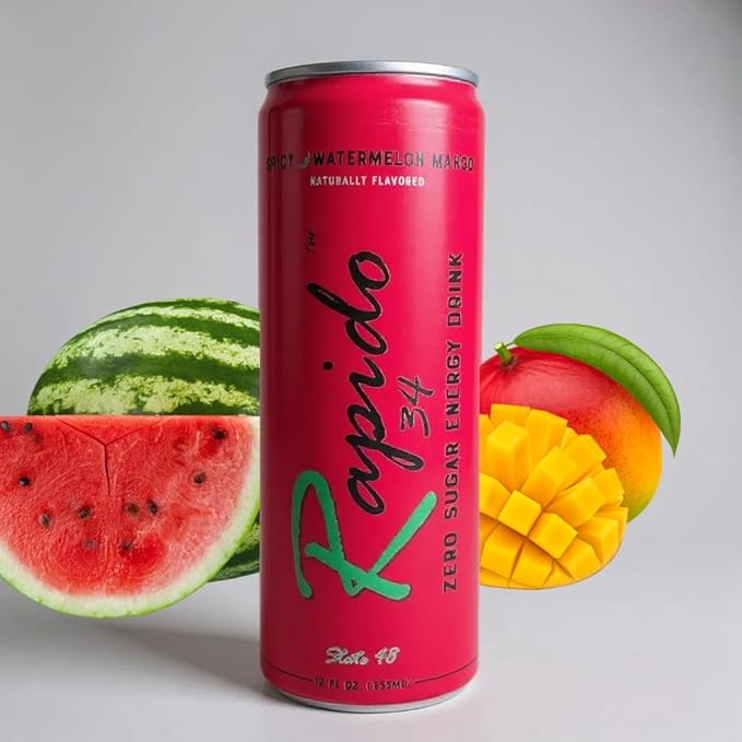 Rapido34 Energy Drink-Spicy Watermelon Mango-Zero Sugar-150mg Natural caffeine from Tea-Pre Workout-Clean Energy-12 Pack