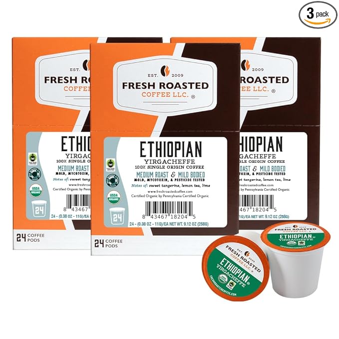 Fresh Roasted Coffee Organic Ethiopian Yirgacheffe | USDA Organic Kosher 3rd Party Tested for Mold Myco Pesticides | 72 Pods for K Cup Brewers