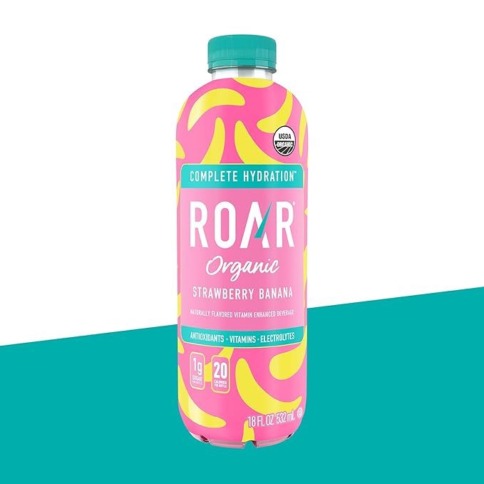 Roar Complete Hydration Organic - Electrolyte Drinks Loaded with Vitamins C B5 B12 - Non-GMO Gluten-Free - Strawberry Banana - 12 pc