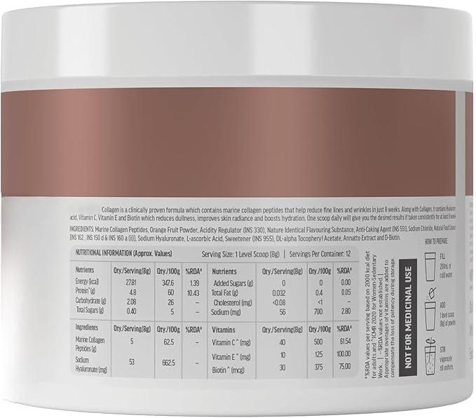 CollaSkin Marine Collagen Peptides | Collagen Supplements for Women &amp Men with Vitamin C E &amp Hyaluronic Acid for Youthful Glowing Skin &amp Healthy Hair &amp Nails Orange 100 g