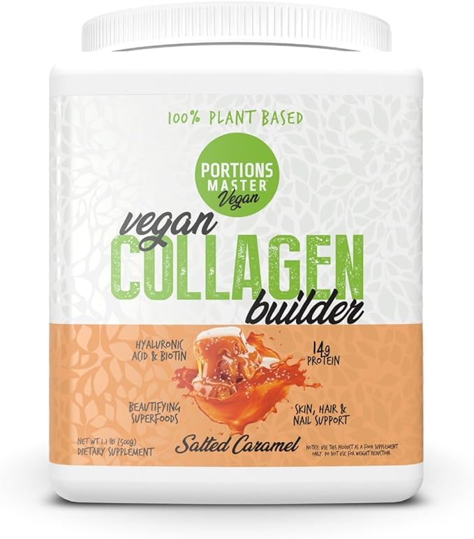 Portions Master Vegan Collagen Builder Plant Based Collagen Support Powder with Rice &amp Pea Protein Silica Biotin Tremella Mushroom Vitamin C (Salted Caramel 500g)