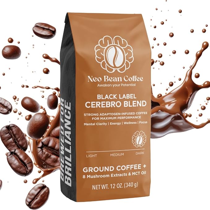 Neobean Black Label Cerebro Blend 12 oz Bag - Freshly Roasted Specialty Coffee with 8 Adaptogen Mushrooms &amp MCT Oil - Mushroom Coffee