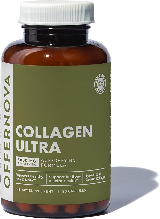 Offernova Collagen Ultra Hydrolyzed Collagen Supplements - 3000mg Anti Aging Bovine Collagen Peptides for Healthy Joints Bones Hair and Skin. Pastilla de Colageno Hidrolizado 90 Capsules