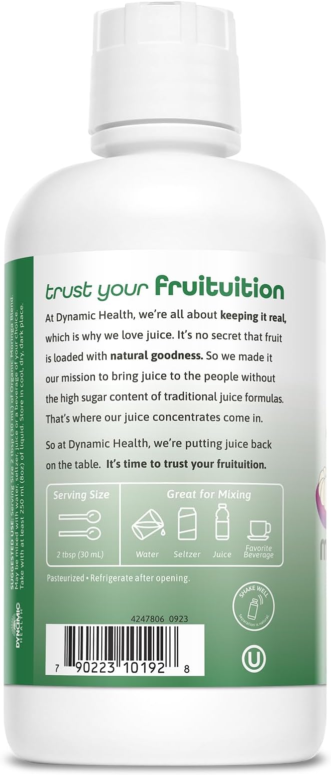 Dynamic Health Moringa Juice Certified Organic Superfruits Acai Goji Mangosteen and Morei Vegetarian Gluten-Free 33.8oz