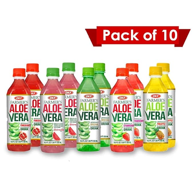 OKF Farmer's Aloe Vera Drink Flavored Variety Pack - Original Pomegranate Pineapple Strawberry Watermelon Flavored Aloe Drinks (16.9oz/500ml Bottles 10 Count)