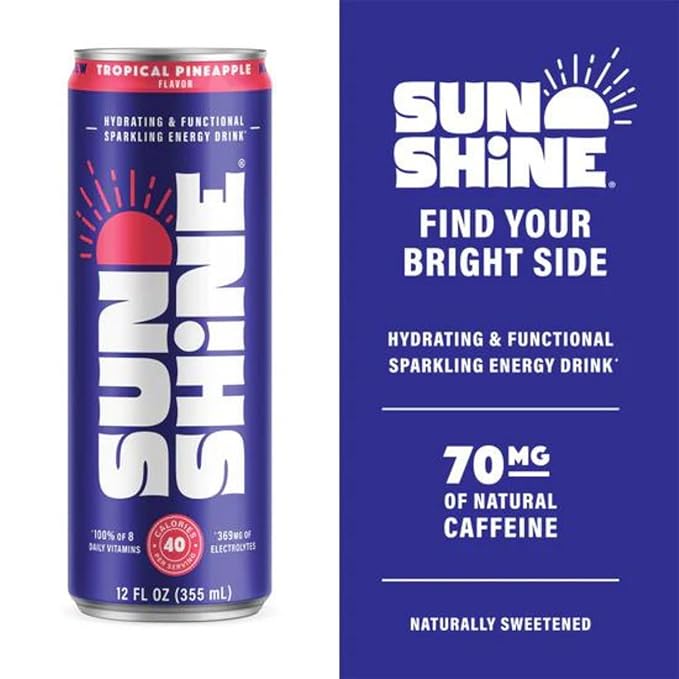 Sunshine Sparkling Energy Drink Tropical Pineapple with Daily Essential Vitamins 360mg of Electrolytes 70mg of Natural Caffeine 12 Fl Oz (Pack of 24)