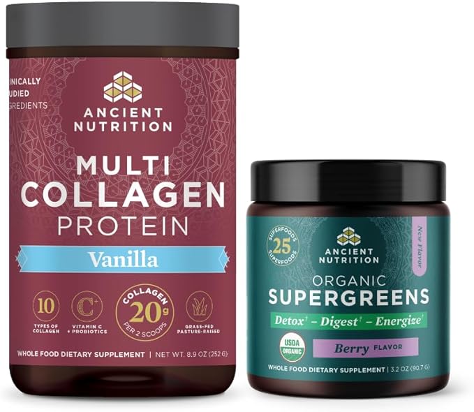 Ancient Nutrition Multi Collagen Protein Powder Vanilla 24 Servings + Organic Supergreens Powder Berry 12 Servings