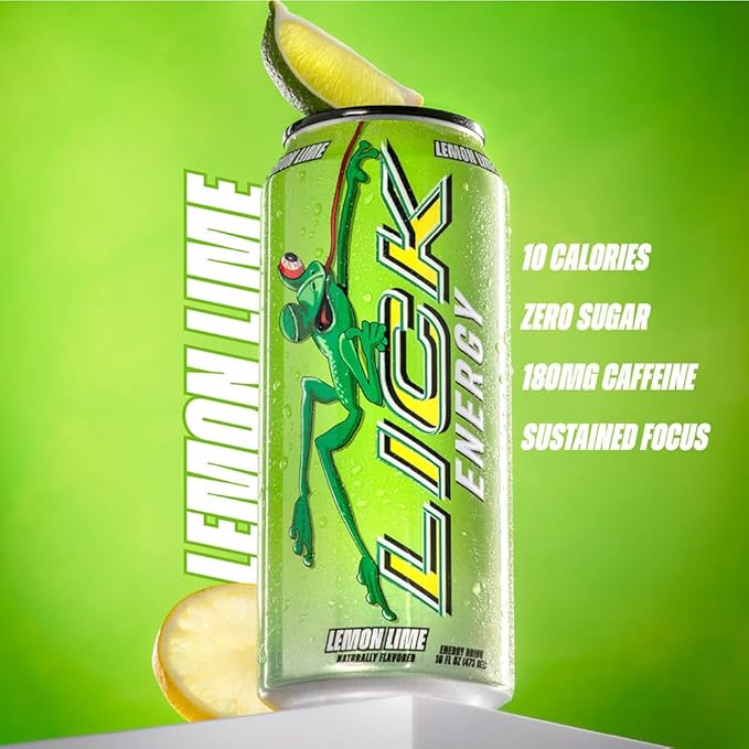 LICK Energy Drink - Zero Sugar No Crash Green Tea Caffeine (180mg) with Antioxidants and Vitamins A B6 B12 and C 16oz (12pk) - Lemon Lime