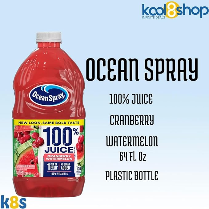 Ocean Spray Cranberry Watermelon 100% Fruit Juice No Added Sugar 64 fl oz 4 Pack + 15 Sugarcane Disposable Straws by KOOL8SHOP Infinite Deals