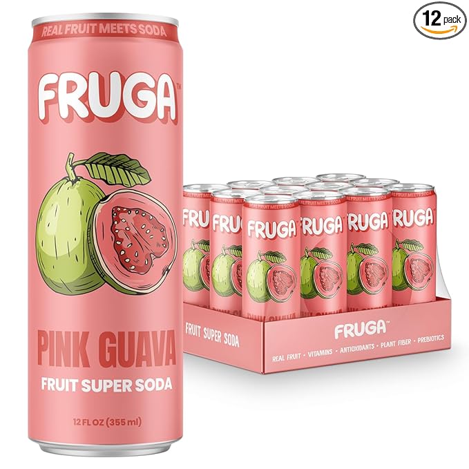 FRUGA Pink Guava Sparkling Fruit Super Soda Prebiotic Soda Low Calorie Healthy Soda Benefits and Vitamin Boost 12 Fl Oz (Pack of 12)