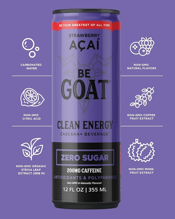 BeGOAT Clean Energy | Strawberry Acai Zero Sugar | 6 Ingredients Plant-Based Zero Sugar Non-GMO Vegan | 200mg Natural Caffeine | 12 fl oz Cans (Pack of 12)