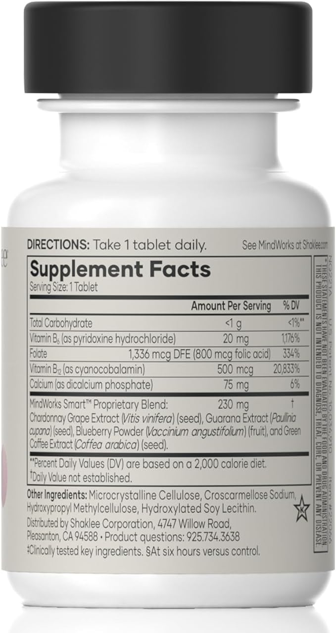 Shaklee MindWorks® - Brain Health Supplement for Brain Sharpness &amp Focus - Supported Nutrients &amp Extracts - Chardonnay Grape Seed Polyphenols Guarana Extract Vitamins B6 B12 Folate - 30 Ta