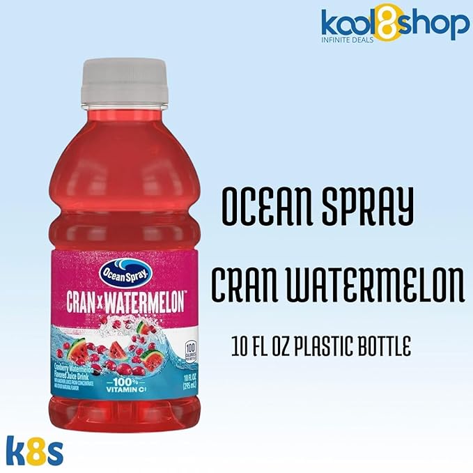 Ocean Spray Cran Watermelon Fruit Juice Drink 10 fl oz Plastic Bottles 24 Pack + 2 Reusable Snack Bags by KOOL8SHOP Infinite Deals