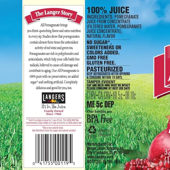 Langers All Pomegranate 100 Percent Juice 32 Fl Oz (Pack of 6)
