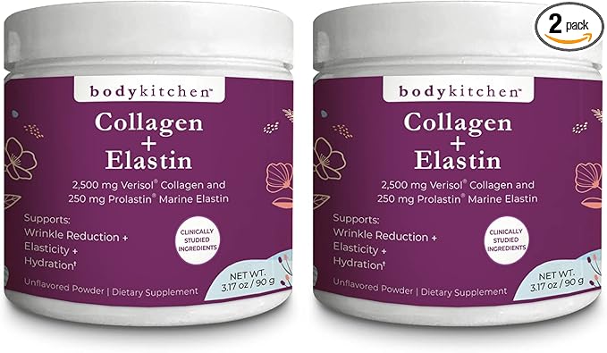 Body Kitchen Collagen and 250 mg Elastin Supplement to Aid Signs of Aging Support Skin Health &amp Elasticity Fewer Wrinkles Unflavored Powder Tasteless Odorless Colorless 30 Servings (2 Pack)