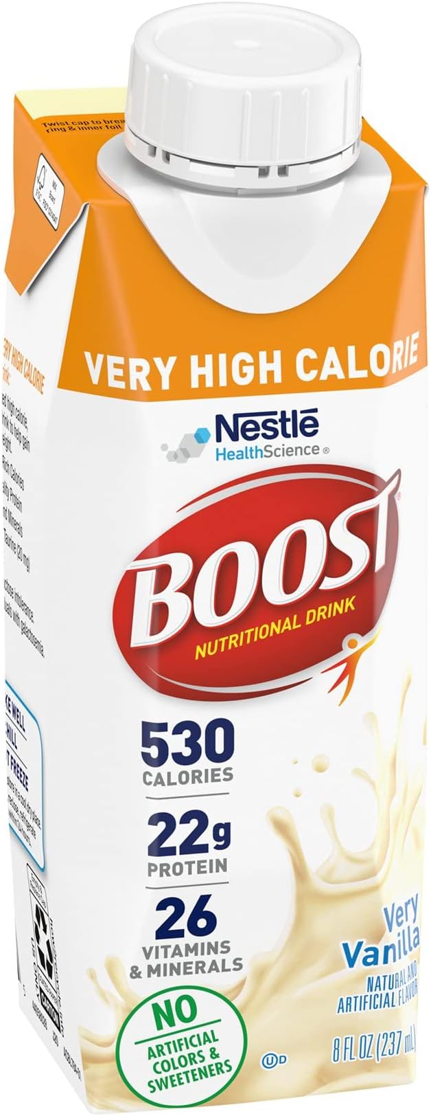 Boost Very High Calorie Strawberry and Vanilla Nutritional Drinks with 22g Protein 530 Calories 8 Fl Oz (Packs of 24)