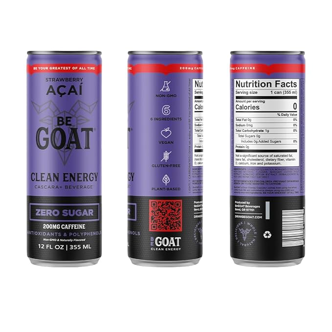 BeGOAT Clean Energy | Strawberry Acai Zero Sugar | 6 Ingredients Plant-Based Zero Sugar Non-GMO Vegan | 200mg Natural Caffeine | 12 fl oz Cans (Pack of 12)