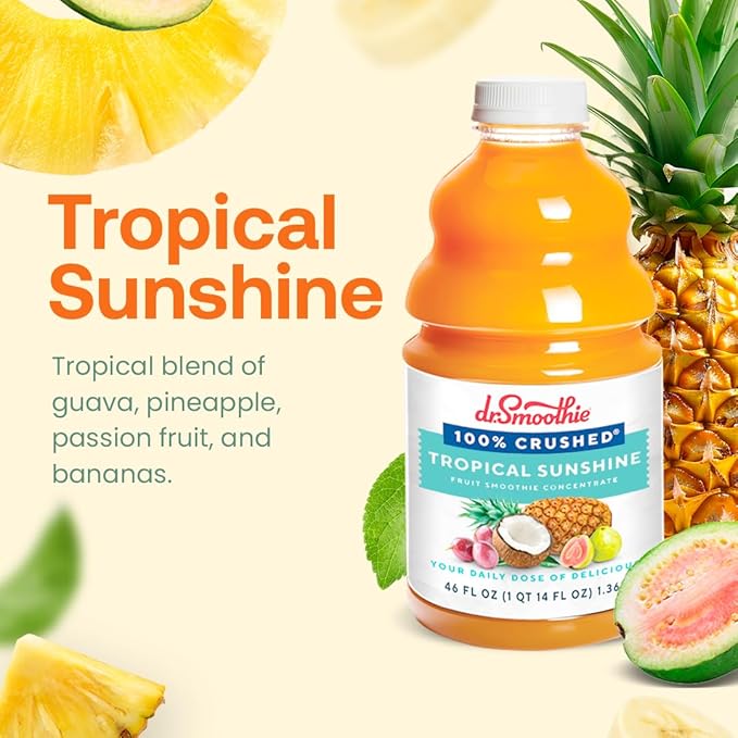 Dr. Smoothie 100% Crushed Tropical Sunshine – No Added Sugar Made with Real Fruits/Fruit Juice – Vegan No Artificial Colors or Flavors – Guava Pineapple Passion Fruit &amp Bananas – 46 oz Bottle