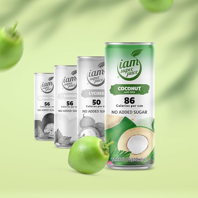 I am Superjuice 100% Coconut Water (With Bits) - Natural Fruit Juice Drink - No Added Sugar or Sweetener - Low in calories (86 per can) - No Preservatives - No concentrate - Naturally Sweet - 12 Pack