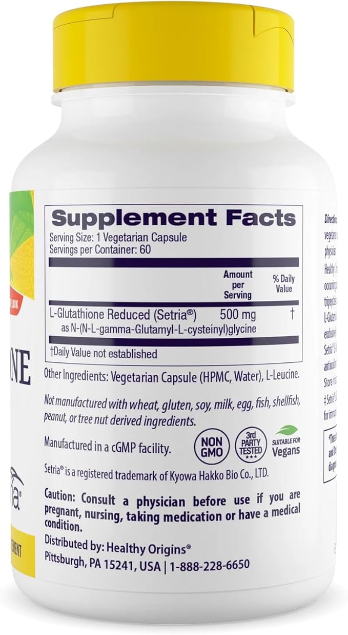 Healthy Origins L-Glutathione 500 mg (Setria Non-GMO Gluten Free Antioxidant Immune Support Skin Support) 60 Veggie Caps