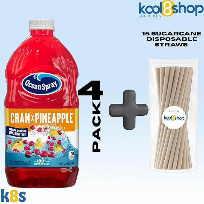 Ocean Spray Cran Pineapple Juice Drink 64 fl oz Plastic Bottle 4 Pack + 15 Sugarcane Disposable Straws by KOOL8SHOP Infinite Deals