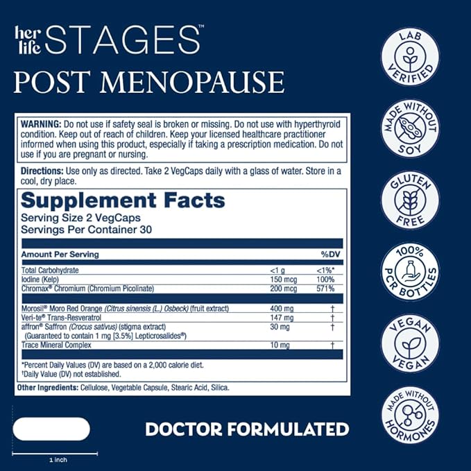 SOLARAY Postmenopause her Life Stages - Post Menopause Supplements for Women with Resveratrol - Vegan and Made Without Hormones - 60-Day Guarantee - Vegan Lab Verified - 30 Servings 60 VegCaps