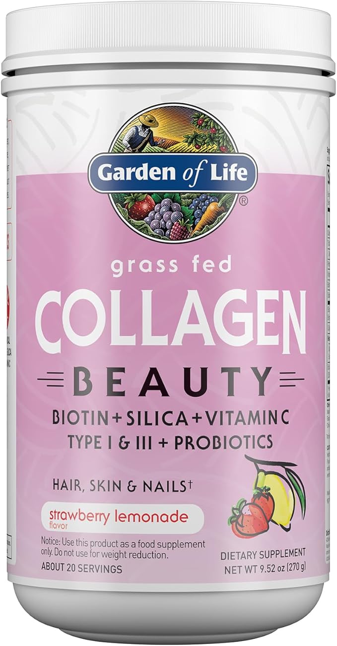 Garden of Life Grass Fed Collagen Beauty - Strawberry Lemonade 20 Servings Powder for Women Men Hair Skin Nails Hydrolyzed Collagen Peptides Protein Powder Supplement