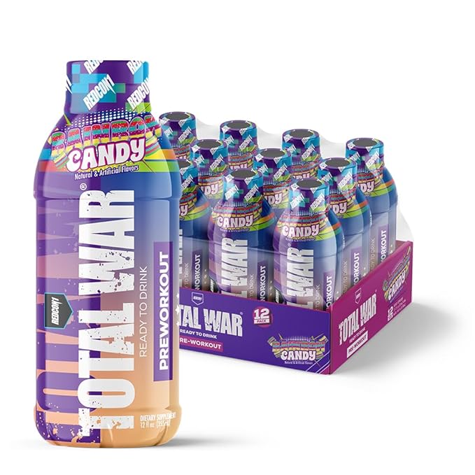 REDCON1 Total War Ready to Drink Pre Workout - Endurance Boosting Keto Friendly RTD Formula - Amino Acid + Citrulline Malate Pre Workout Drink for Men &amp Women (Rainbow Candy 12 Servings)