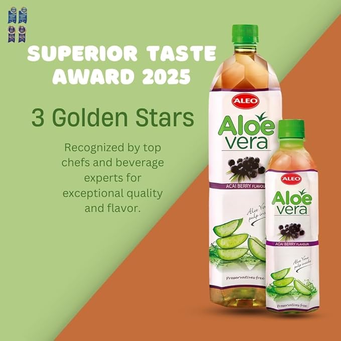 ALEO 0.5L Premium Acai berry Aloe Vera Drink - Natural No Preservatives No Artificial Colors Superior Taste Award 2025