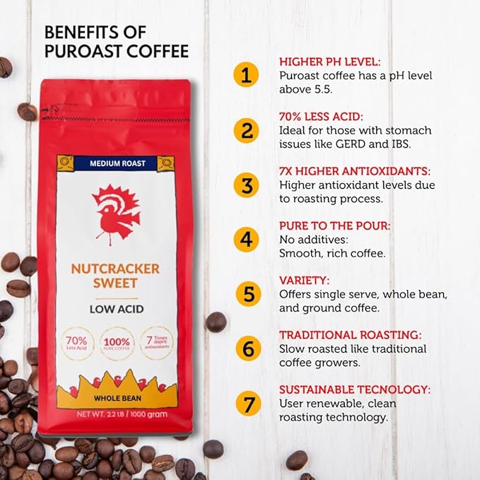 Puroast Low Acid Coffee Flavored Bean | Nutcracker Sweet Whole Bean | Medium Roast | High Antioxidants &amp High pH |No Bitter Aftertaste | Reduced Heartburn &amp GERD | Suitable for Cold Brew - 2.2