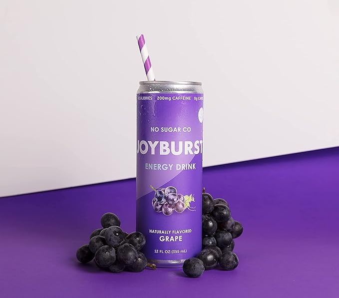 No Sugar Joyburst Energy Drink Grape 0 Calorie 0 Sugar Sugar Free Energy Drink with Natural Caffeine Hint of Sweetness and Refreshing Sparkling Water - 12 Packs