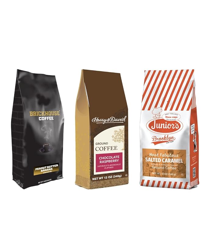 Flavor Blast Coffee Bundle Medium Roast with Brickhouse Peanut Butter Banana Harry &amp David Chocolate Raspberry and Junior's Salted Caramel Flavored Ground Coffee (pack of 3)